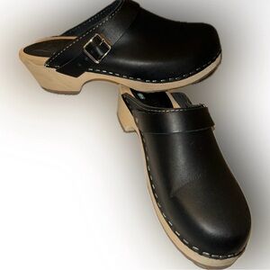 Lotta From Stockholm Black Leather Clogs with Natural Wood Heel